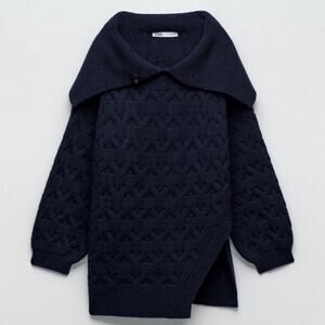 Zara Side Vented Chunky Cable Knit Sweater Navy Small